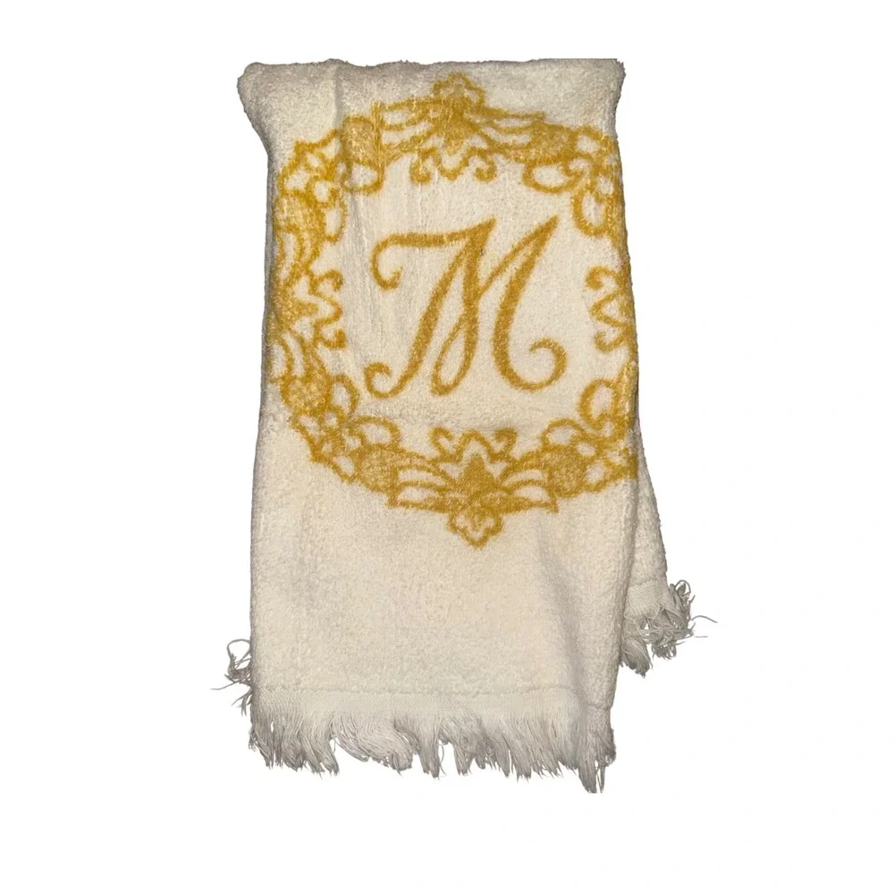 Vintage Ivory Monogrammed Towel Set Gold Letter M Fringe Guest Hand Towels